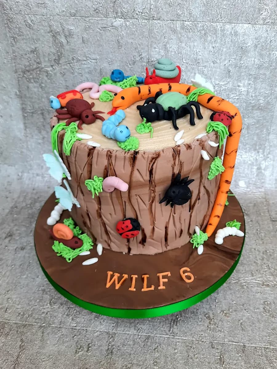 A round birthday cake designed as a brown tree stump, decorated with various edible garden creatures including an orange snake, green spider, blue caterpillar, brown beetle, pink worm, ladybug, and snail, with 'WILF 6' written in orange letters on the base.