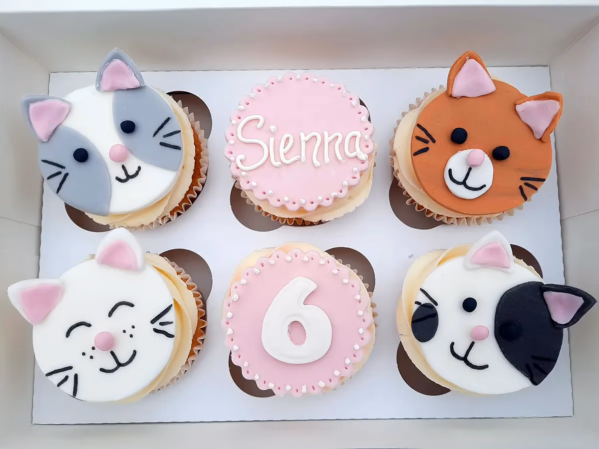 Six cupcakes in a white box, four decorated as various cat faces in white, grey, orange, and black, and two pink cupcakes, one with "Sienna" written on it and another with the number "6".