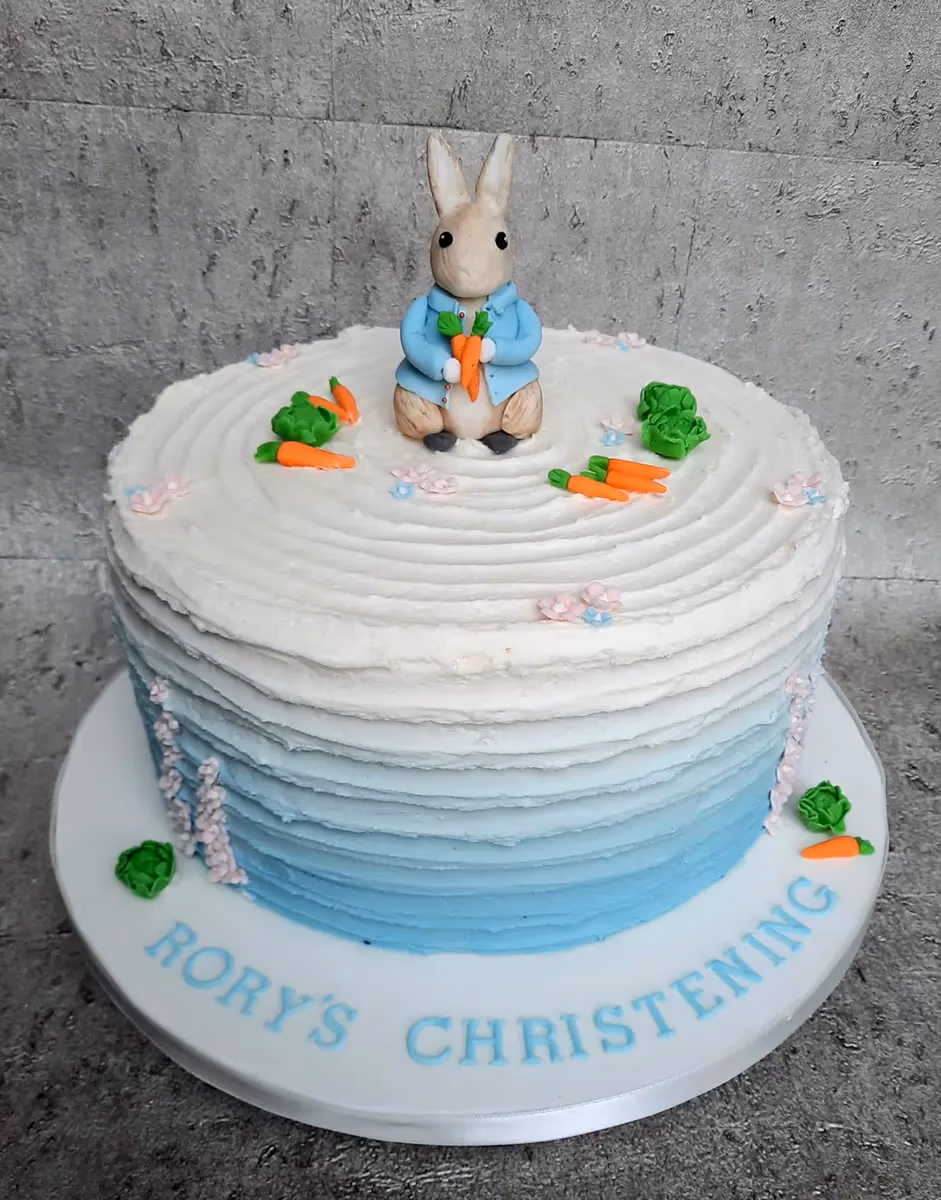 Peter Rabbit ombre blue and white christening cake