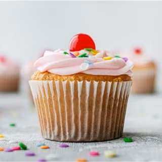 A single cupcake with light pink frosting, a red cherry, and colorful sprinkles on a light background.
