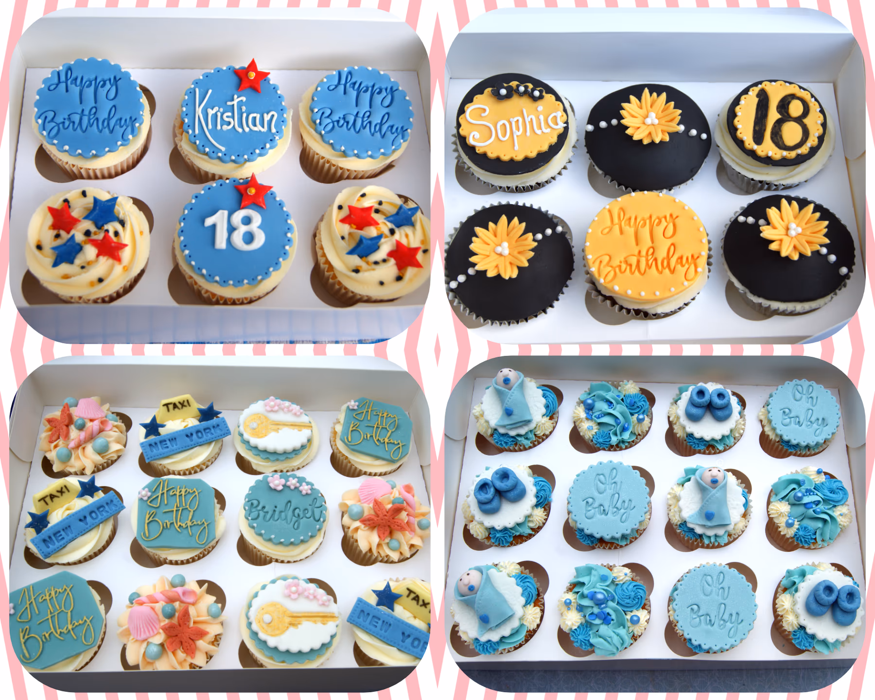 Four boxes of themed cupcakes are displayed. The top left box contains blue and white 18th birthday cupcakes for Kristian. The top right box features black and yellow 18th birthday cupcakes for Sophia. The bottom left box holds teal, white, and peach cupcakes with New York Taxi, key, and 'Bridget' designs. The bottom right box showcases blue and white baby shower cupcakes with 'Oh Baby' text, baby figures, and baby shoes.