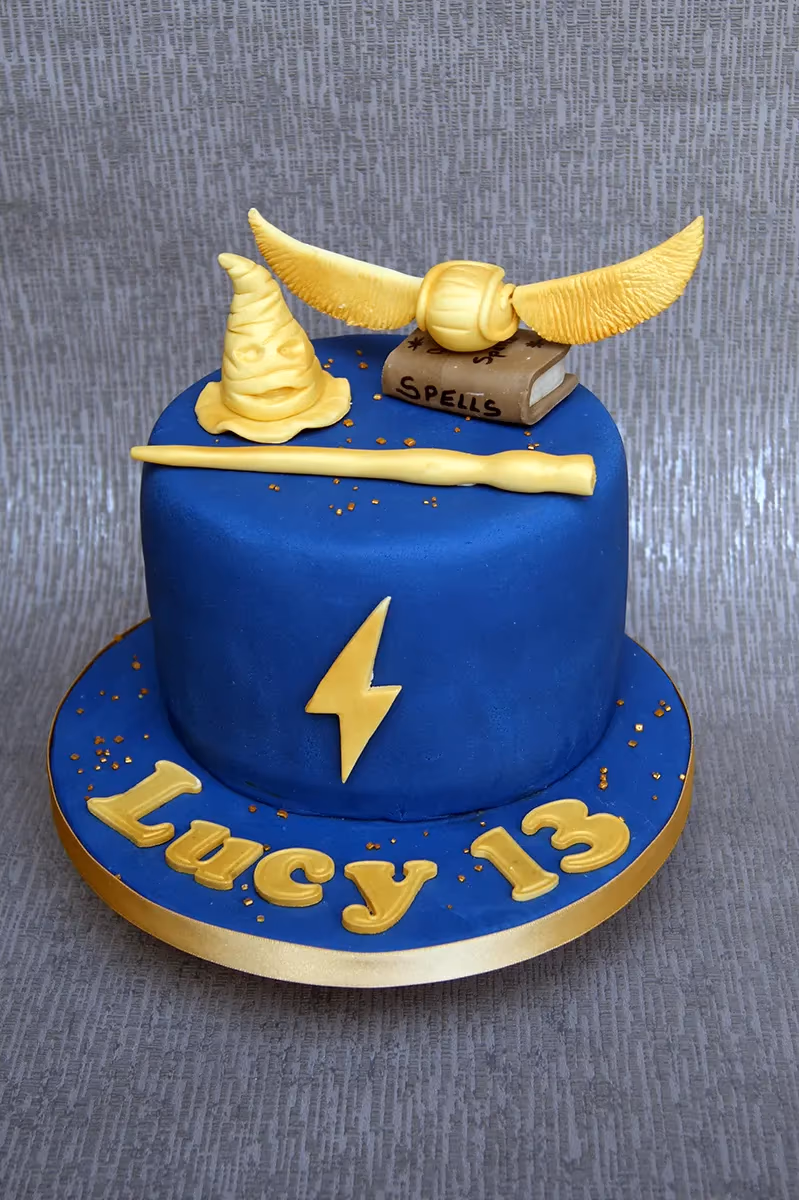 A royal blue Harry Potter themed birthday cake for Lucy's 13th birthday, adorned with gold edible decorations including a golden snitch, a sorting hat, a magic wand, and a lightning bolt, with 'Lucy 13' written on the base.