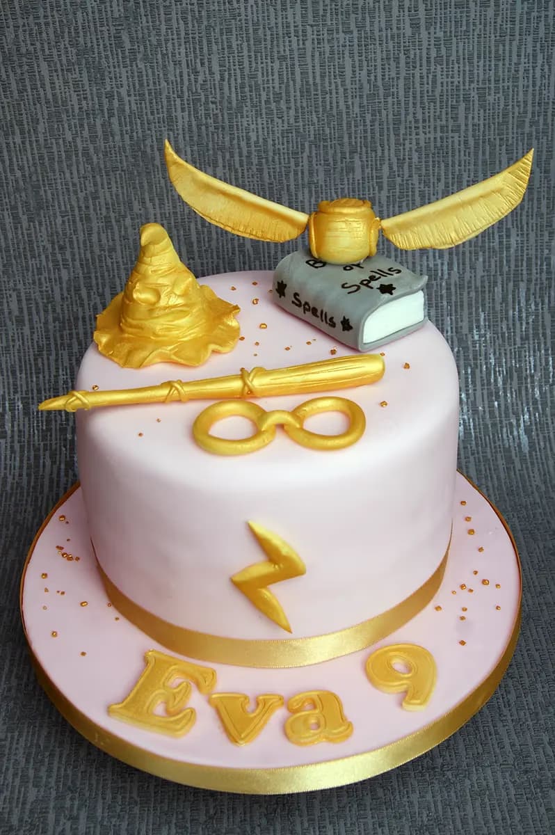 A light pink single-tier Harry Potter themed birthday cake, decorated with golden elements including a Sorting Hat, a Golden Snitch, a 'Book of Spells', a wand, round glasses, a lightning bolt, and the name 'Eva 9' on the cake board.