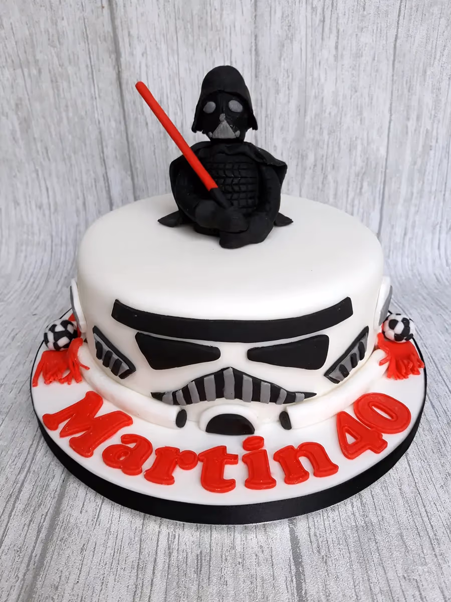 Star Wars themed 40th birthday cake with Darth Vader and Stormtrooper fondant figures
