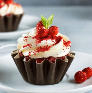 A red velvet cupcake with white cream cheese frosting, topped with red velvet crumbs, small red berries, and a fresh mint leaf, presented in a dark brown fluted wrapper.