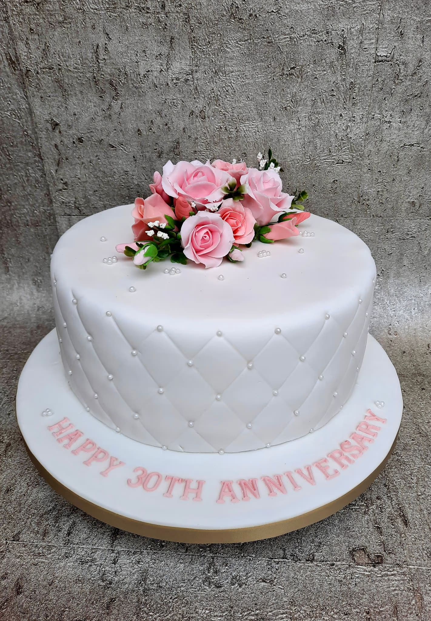 30th anniversary cake with white quilted fondant, pink roses and pearls