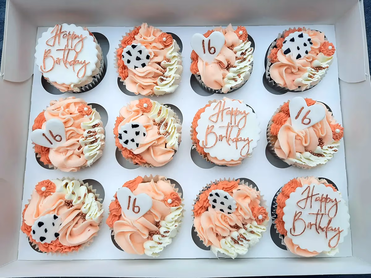 16th birthday cupcakes peach white rose gold cow print