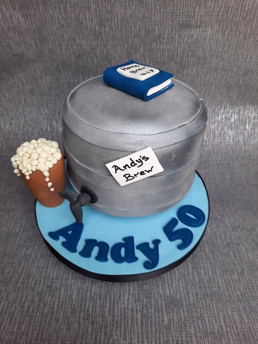 50th birthday cake with home brew beer keg decoration