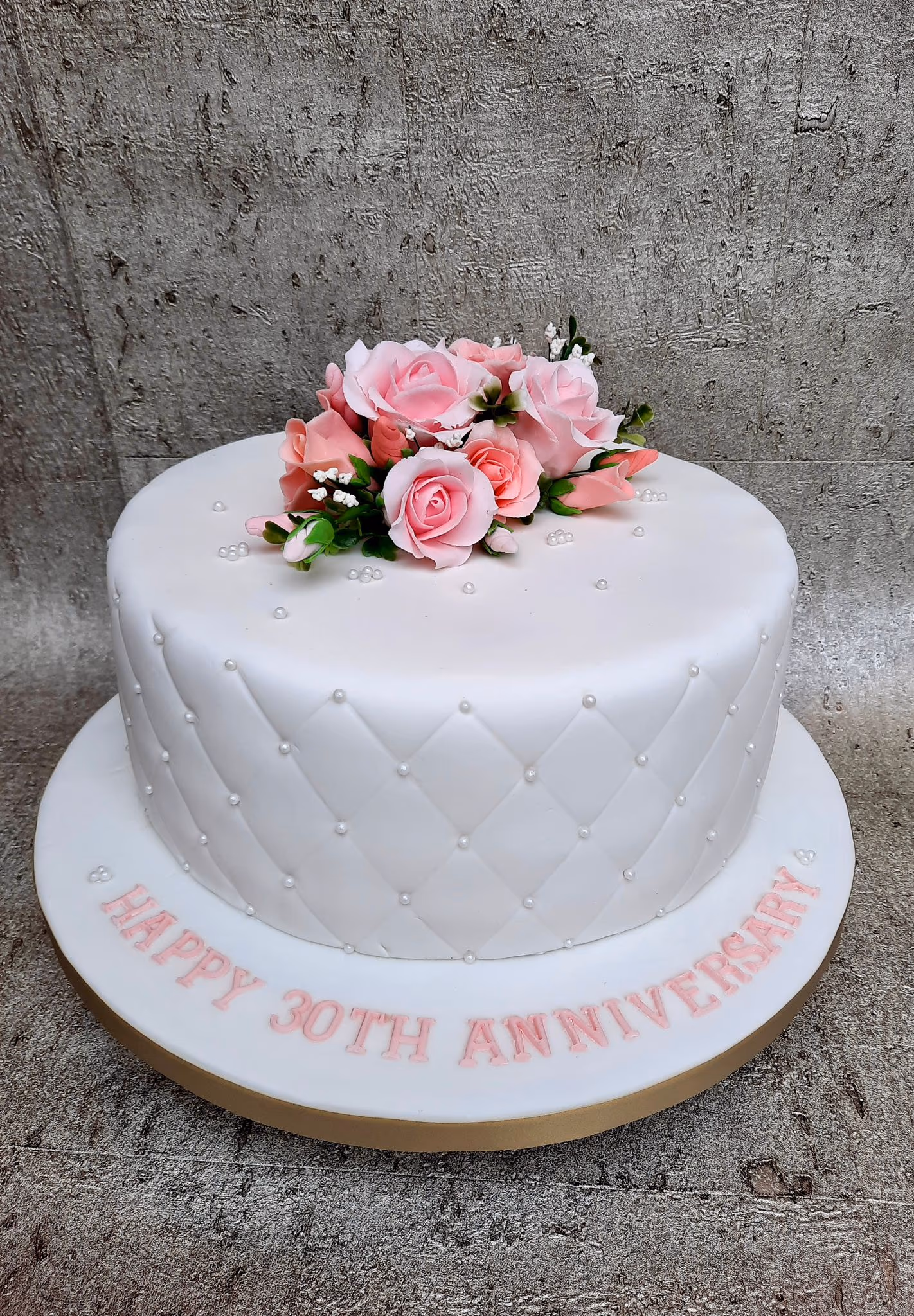 30th anniversary cake with white quilted fondant, pink roses and pearls