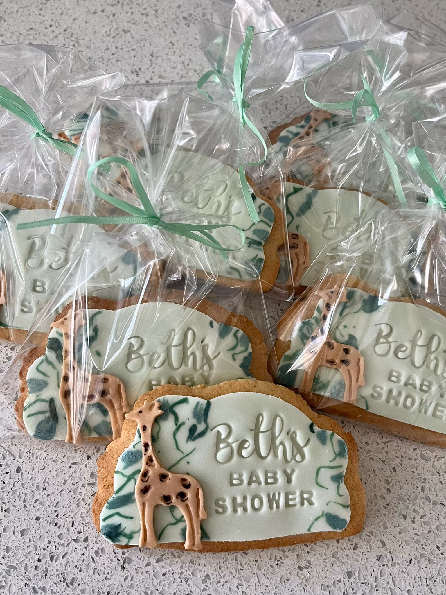 Baby shower cookies beths giraffe green leaves individually wrapped
