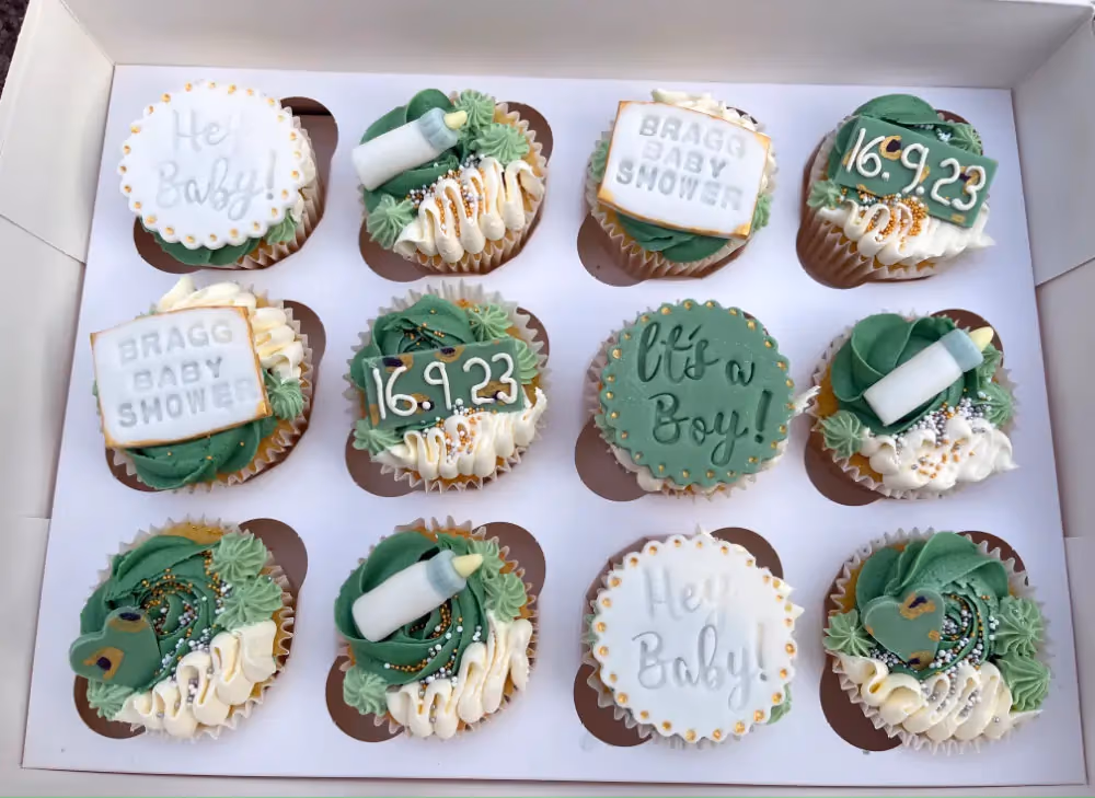 Baby shower cupcakes green white gold bragg it's a boy date