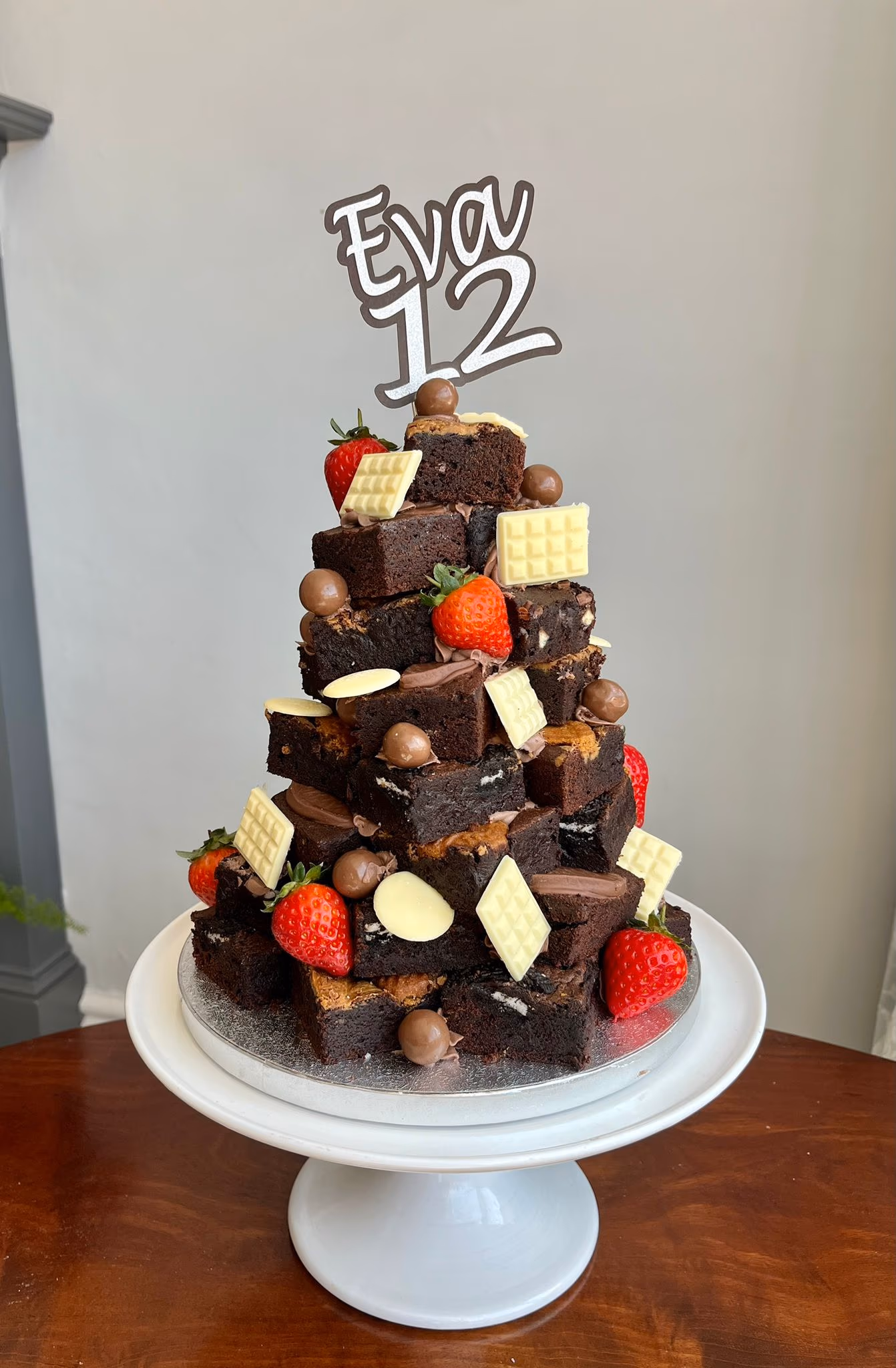 Birthday brownie tower with strawberries and white chocolate by Thelwall Bakehouse