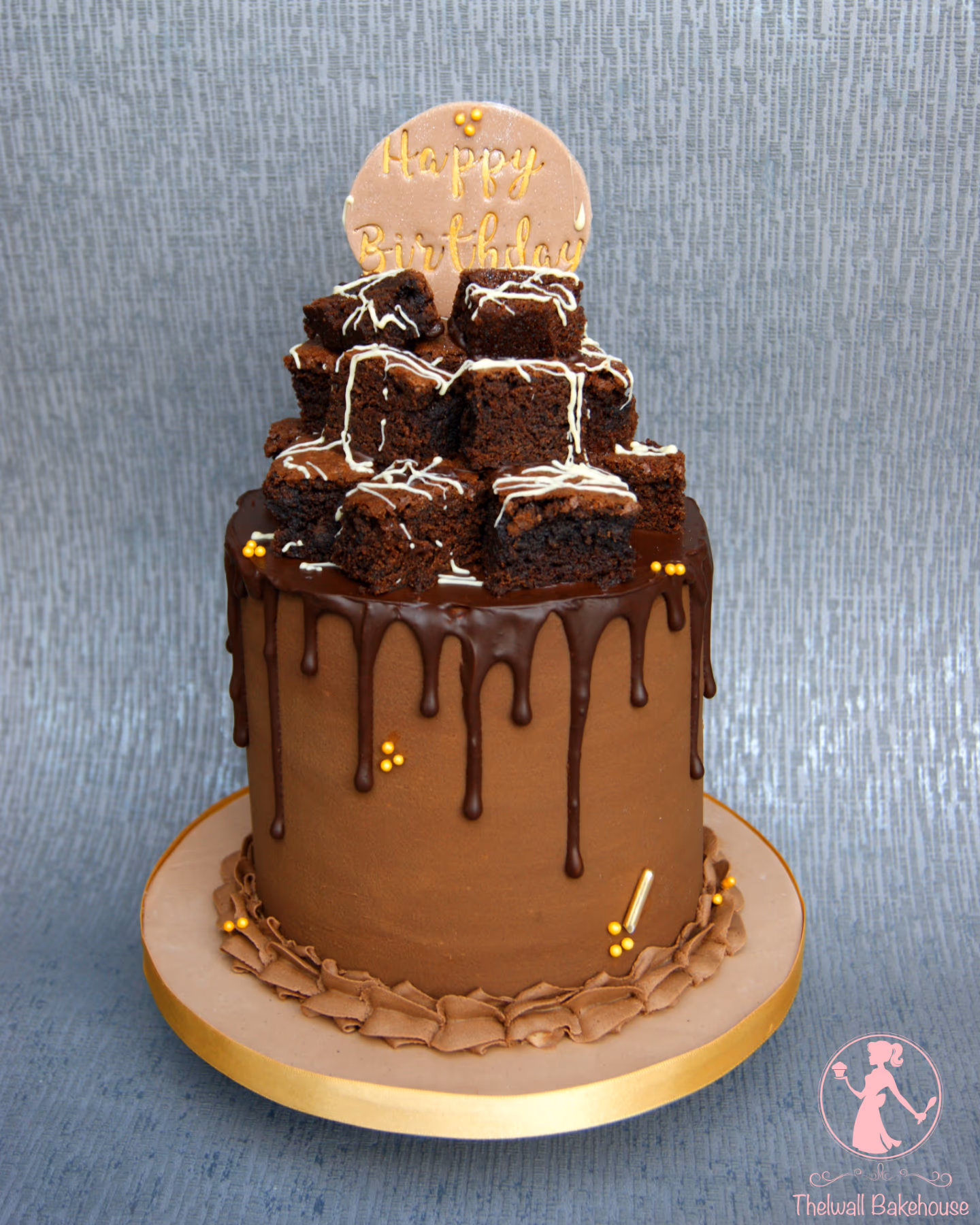 Birthday cake chocolate drip brownie stack gold sprinkles