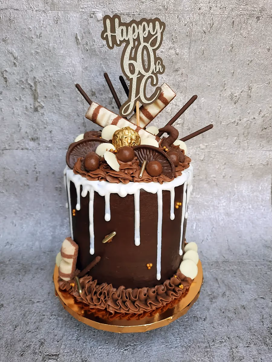 Chocolate drip cake 60th birthday chocolate toppings