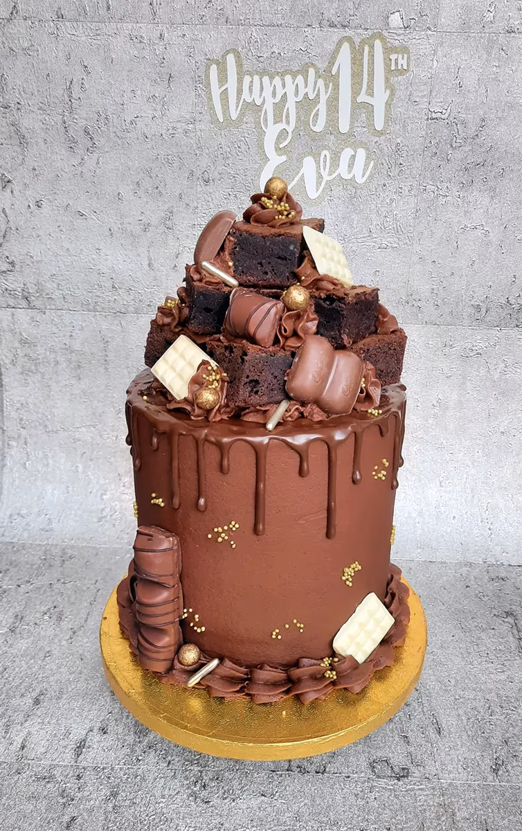 Chocolate drip cake brownies chocolates happy 14th eva topper