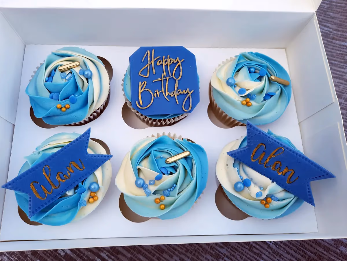 Cupcakes blue white gold birthday alan