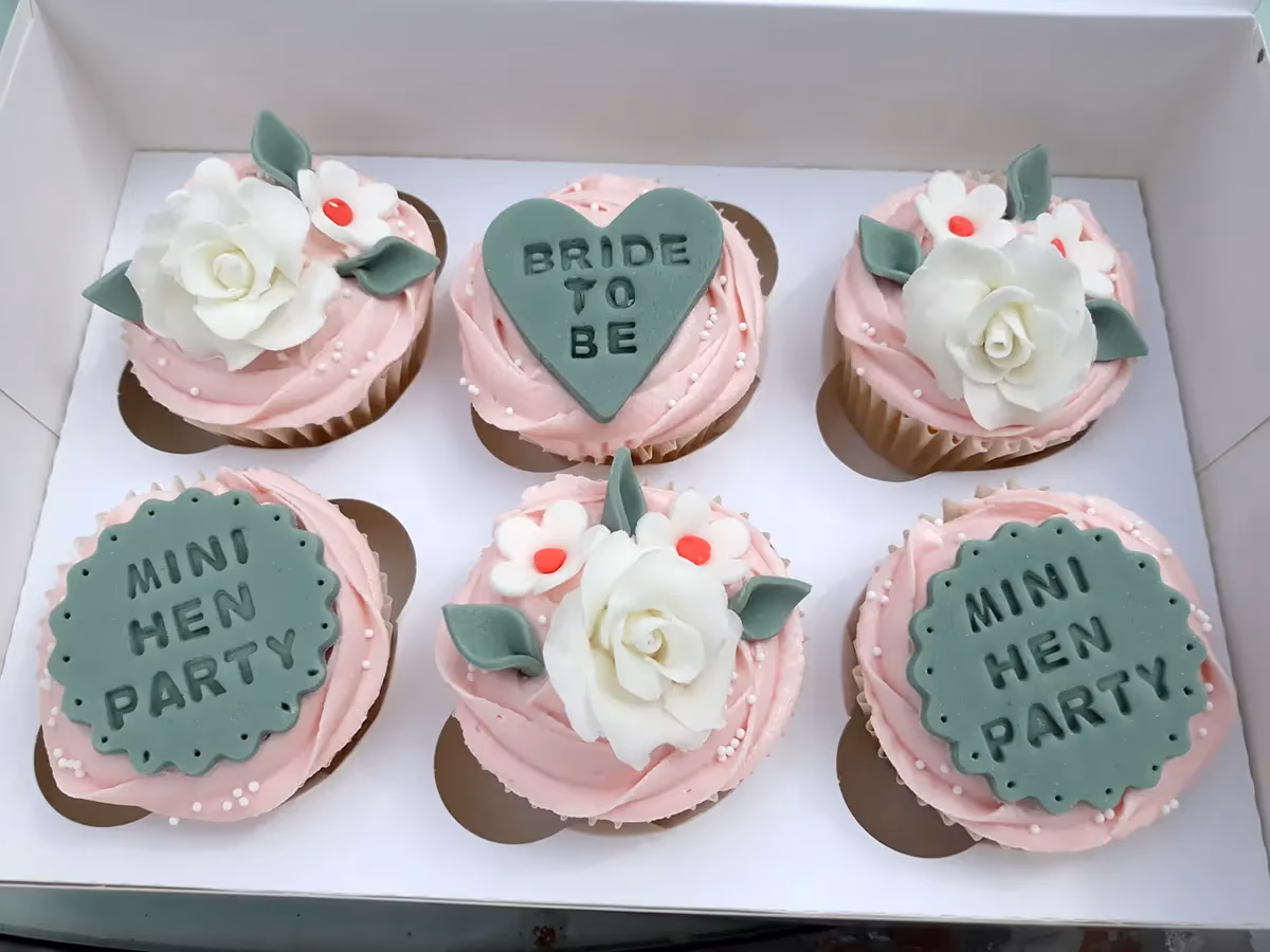 Hen party cupcakes pink green roses bride to be