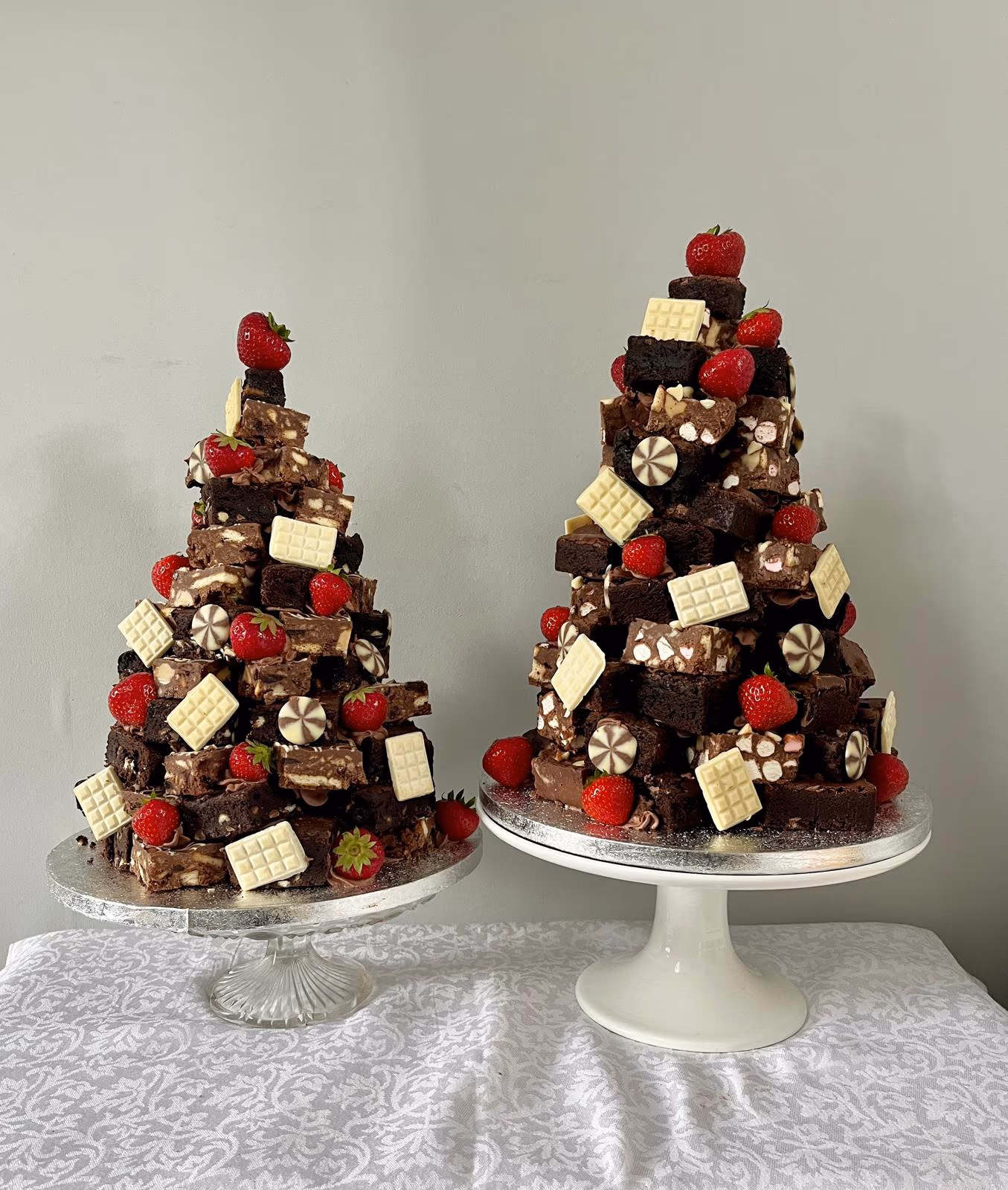 Wedding brownie tower pyramid with strawberries and white chocolate by Thelwall Bakehouse