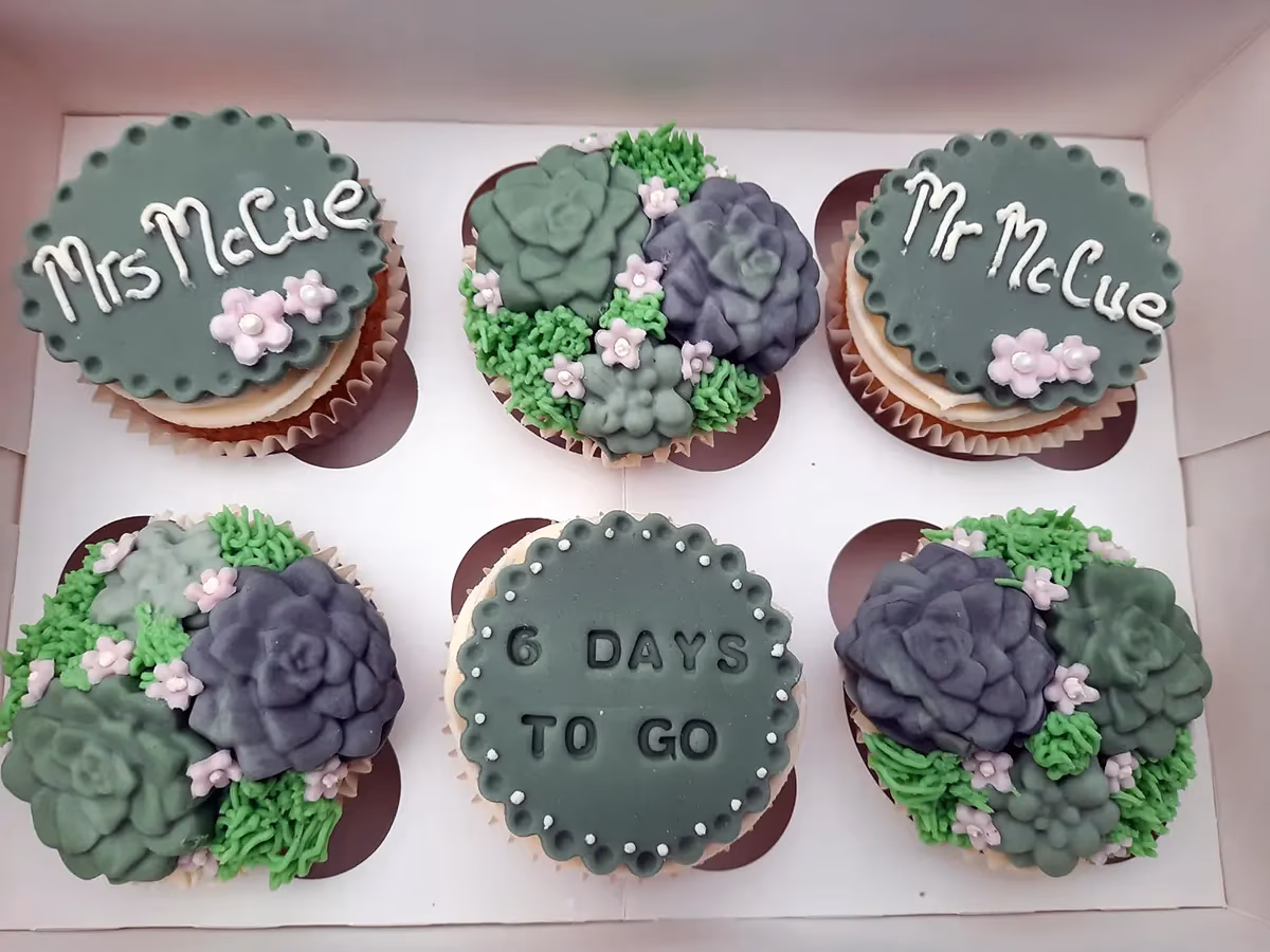 Wedding cupcakes with succulent decoration for Mr and Mrs McCue