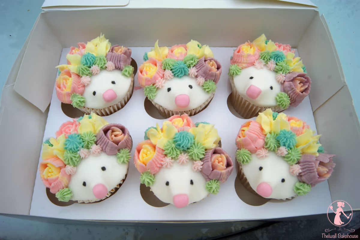 Six adorable animal-themed cupcakes, possibly hedgehogs, in a white box. Each cupcake has a white fondant face with black eyes and a pink nose, surrounded by vibrant pastel-colored buttercream frosting resembling flowers and spikes.