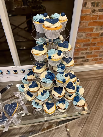 Personalised blue and white wedding cupcake tower