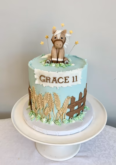 Horse and wheat field birthday cake for Grace's 11th birthday by Thelwall Bakehouse
