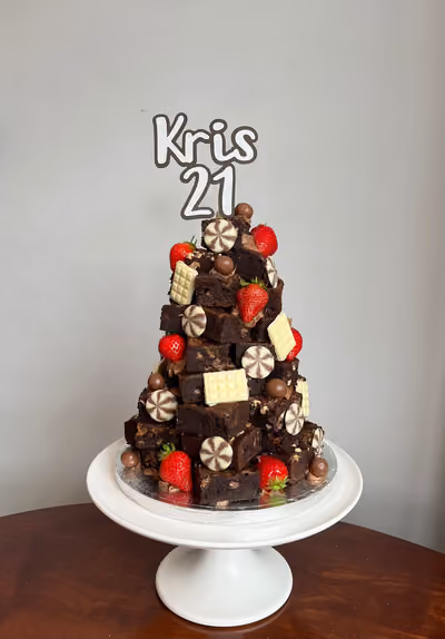 Brownie stack for a 21st birthday with strawberries and white chocolate